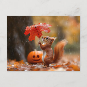 Cute Squirrel med Löv-paraply - höstregn Vykort