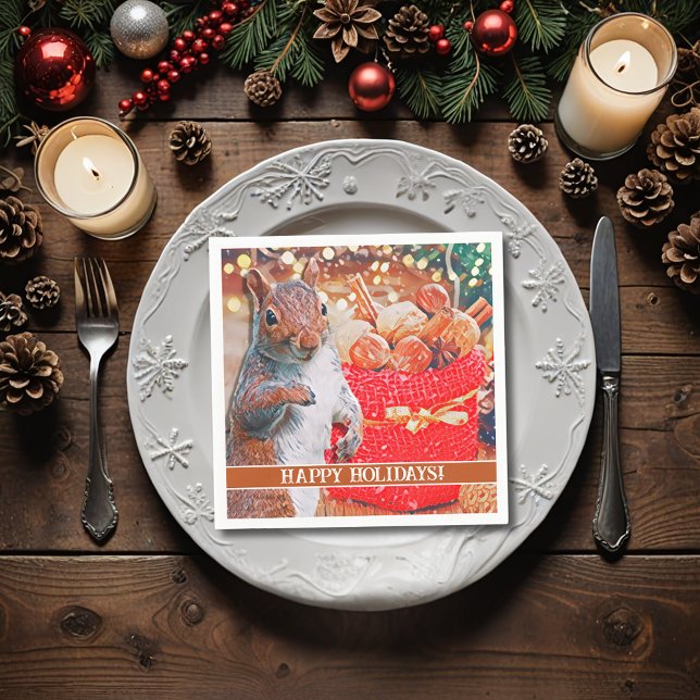 Cute Squirrel, Nöt Pappersservett (A cute squirrel in front of the Christmas tree makes a sweet custom cocktail napkin for your party.)