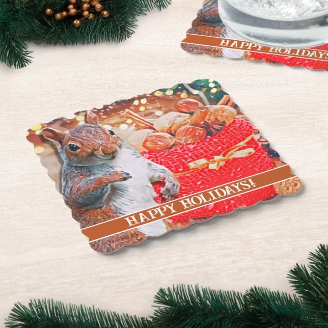 Cute Squirrel, Nöt Underlägg Papper (Paper coasters for your holiday party feature a cute squirrel and customizable message.)