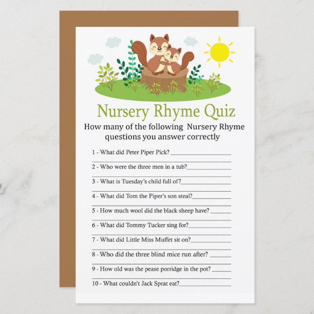 Cute Squirrel Nursery Rhyme Quiz-babyduschspel (Fram/baksida)