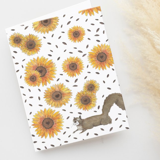 Cute Squirrel och Sunblommor Watercolor Blank Tack Kort (Skapare uppladdad)