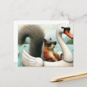 Cute Squirrel på en Svan-floatie Vykort