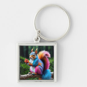 Cute Squirrel på Gren-19274 Fyrkantig Silverfärgad Nyckelring