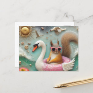 Cute Squirrel på Rosa och White Svan Floatie Vykort