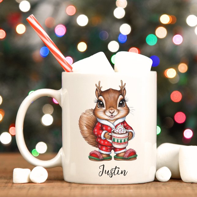 Cute Squirrel Personlig: Jul Kids Mugg (Squirrel reindeer Christmas cocoa mug. )