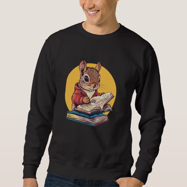Cute Squirrel Reading Bok Illustration Lång Ärmad Tröja (Framsida)