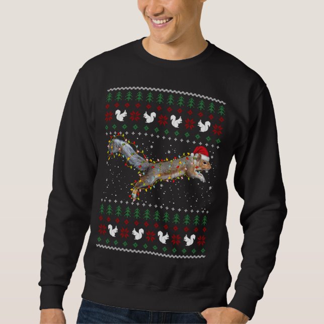Cute Squirrel Santa's Hat Ugly God Jul Sweater Lång Ärmad Tröja (Framsida)