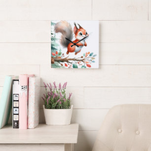 Cute Squirrel Watercolor Höst löv Nursery Art Fyrkantig Klocka