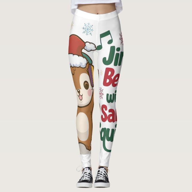 Cute Squirrel Wearing Santa Hat and Headphone - H Leggings (Framsida)