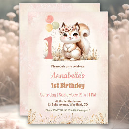 Cute Squirrel Woodland Boho Girl 1st Birthday Inbjudningar