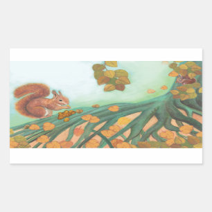 Cute Squirrels Eating Hazelnut Illustration Rektangulärt Klistermärke