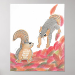 Cute Squirrels Fallen löv Nursery Art Poster