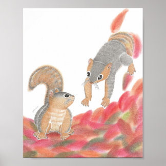 Cute Squirrels Fallen löv Nursery Art Poster