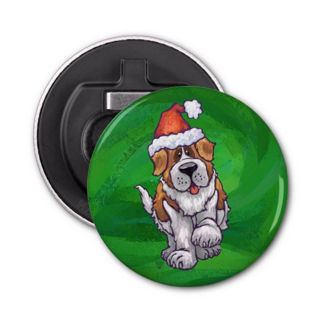 Cute St Bernard i Santa Hat på Grönt Flasköppnare (Framsidan)