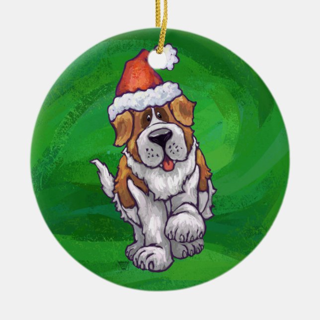 Cute St Bernard i Santa Hat på Grönt Julgransprydnad Keramik (Framsidan)