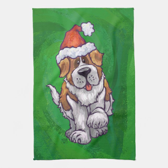 Cute St Bernard i Santa Hat på Grönt Kökshandduk (Vertikal)