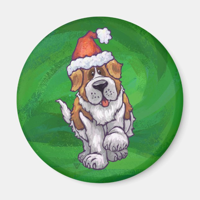 Cute St Bernard i Santa Hat på Grönt Magnet (Framsidan)