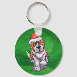 Cute St Bernard i Santa Hat på Grönt Nyckelring