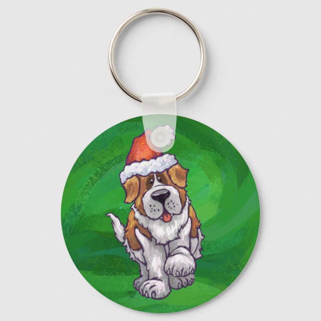 Cute St Bernard i Santa Hat på Grönt Nyckelring (Framsida)