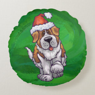 Cute St Bernard i Santa Hat på Grönt Rund Kudde