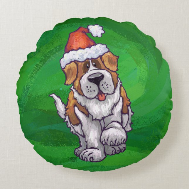 Cute St Bernard i Santa Hat på Grönt Rund Kudde (Framsidan)