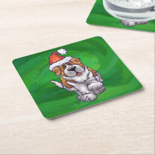 Cute St Bernard i Santa Hat på Grönt Underlägg Papper Kvadrat
