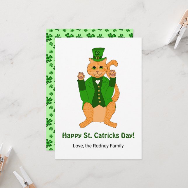 Cute St Catricks Day Funny Lucky Cat Shamrock Kort (Fram/Back In Situ)