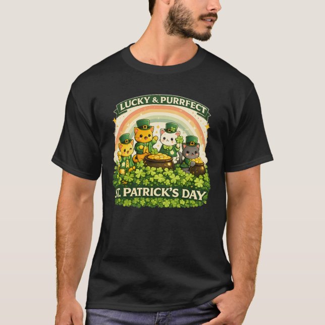 Cute St. Catrick's Day Lucky Cats & Rainbow Men's  T Shirt (Framsida)