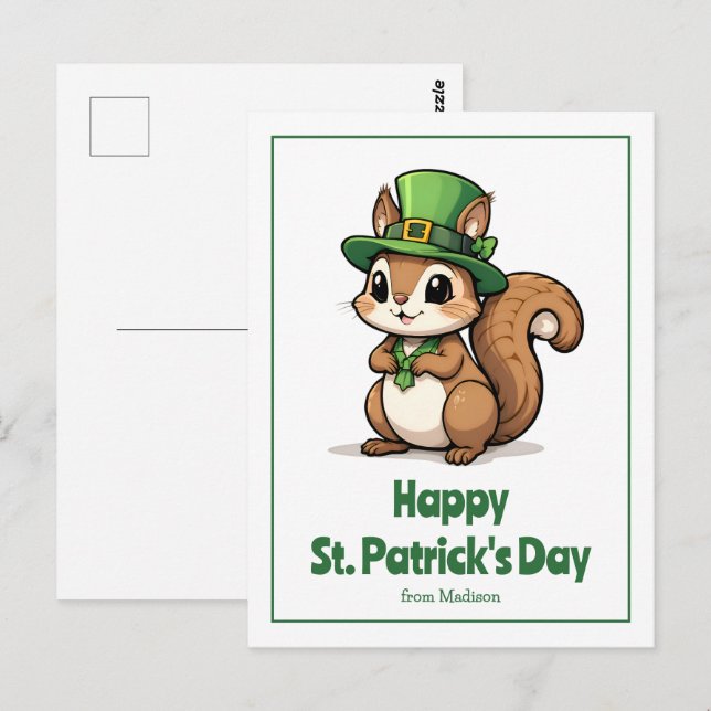 Cute St. Patrick-Day-ekorren med Grönt Hat Vykort (Fram/baksida)