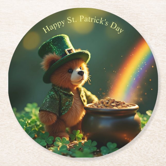 Cute St. Patrick’s Day Teddy Bear Underlägg Papper Rund (Framsidan)