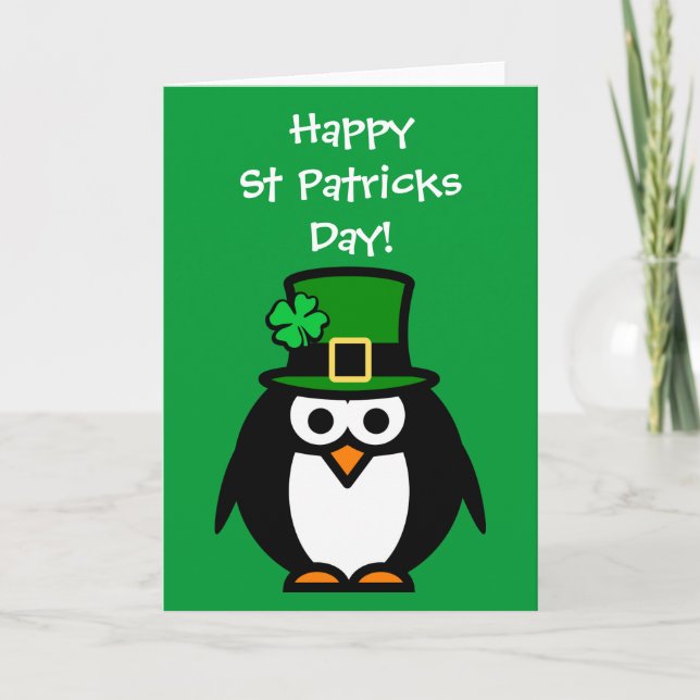 Cute St patricks day card med leprechaun penguin Kort (Framsida)
