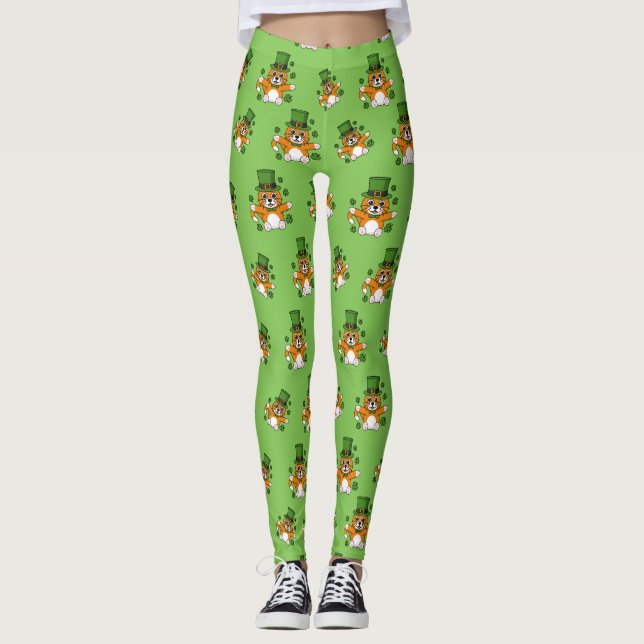 Cute St patrick's day Cat med Shamrocks-Tecknad Leggings (Framsida)