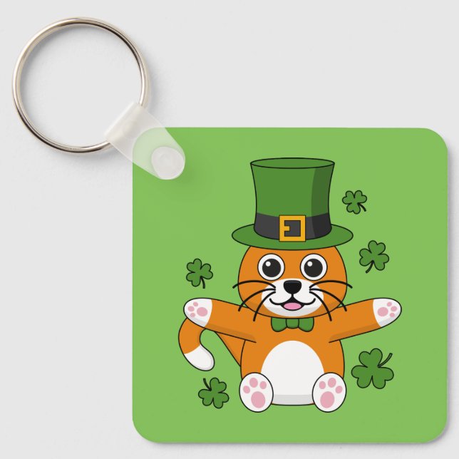 Cute St patrick's day Cat med Shamrocks-Tecknad Nyckelring (Framsida)
