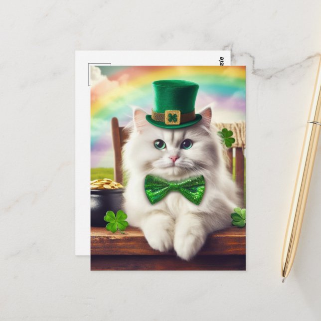 Cute St. Patricks Day Cat Rainbow Pot of Guld Vykort (Fram/Back In Situ)