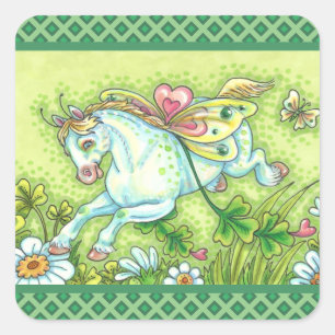 CUTE ST. PATRICK'S DAY FLYING IRISH PONY, FAIRY FYRKANTIGT KLISTERMÄRKE