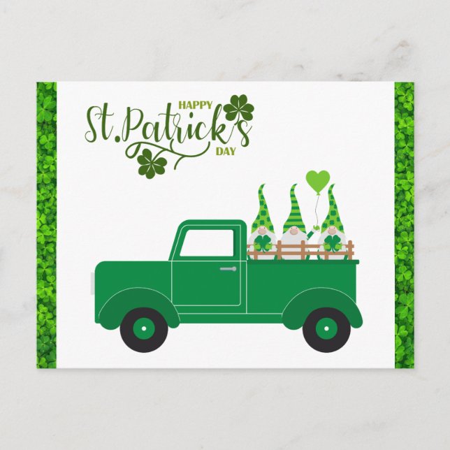Cute St patricks day Gnome Shamrock Grönt Lastbil Vykort (Framsida)