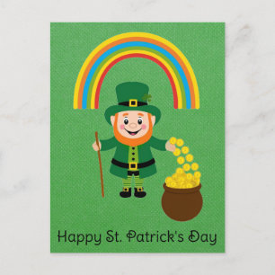 Cute St patricks day Leprechaun Rainbow Guld Pot Vykort