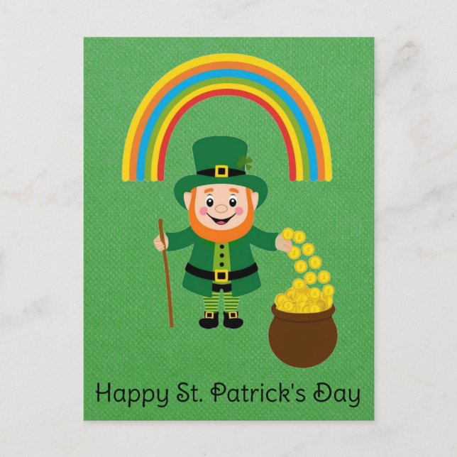 Cute St patricks day Leprechaun Rainbow Guld Pot Vykort (Framsida)