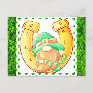 Cute St patricks day Lucky Gnome Grönt Shamrock Vykort