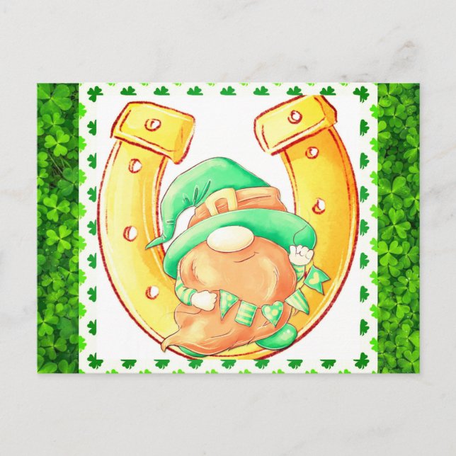 Cute St patricks day Lucky Gnome Grönt Shamrock Vykort (Framsida)