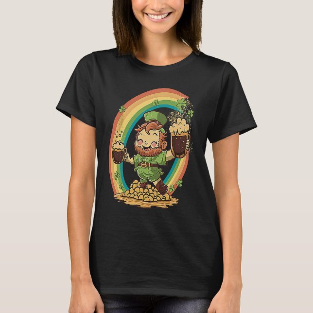 Cute St Patricks Day Rainbow and Leprechaun Holdin T Shirt (Framsida)