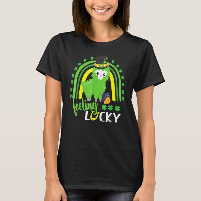 Cute St Patricks Day Rainbow Llama Feeling Lucky S T Shirt (Framsida)