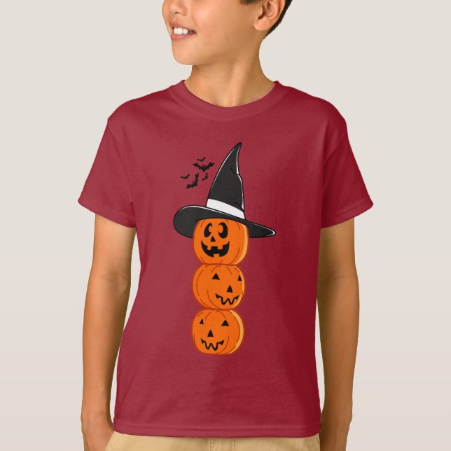Cute Stacked Pumpkin Witch Halloween Kids' Shirt T (Framsida)