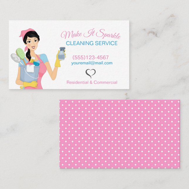 Cute Städning Maid Rosa Polka Dot Visitkort (Fram/baksida)