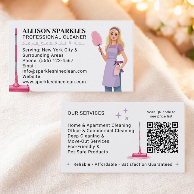 Cute Städning Service Maid Illustration Qr-kod Visitkort (Cute Cleaning Service Maid Illustration Qr Code Business Card)
