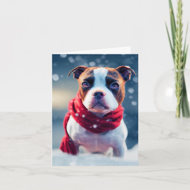 Cute Staffy Puppy i Red Winter Scarf Kort (Framsida)