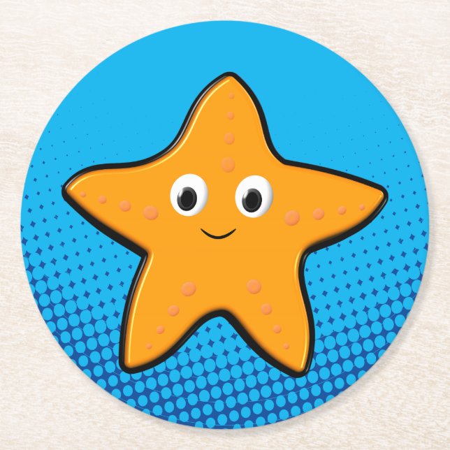 Cute Starfish Teckning Blue Ocean Underlägg Papper Rund (Framsidan)