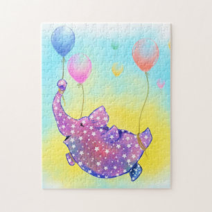 Cute Starry Elephant som flyger med färgstarka bal Pussel