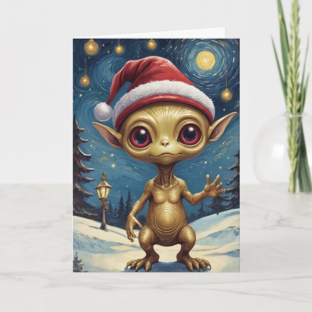 Cute Starry Night Alien Retro jul Kort (Framsida)