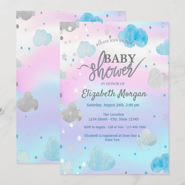 Cute Stars & Clouds HoloGraphics Baby Shower Inbjudningar (Fram/baksida)